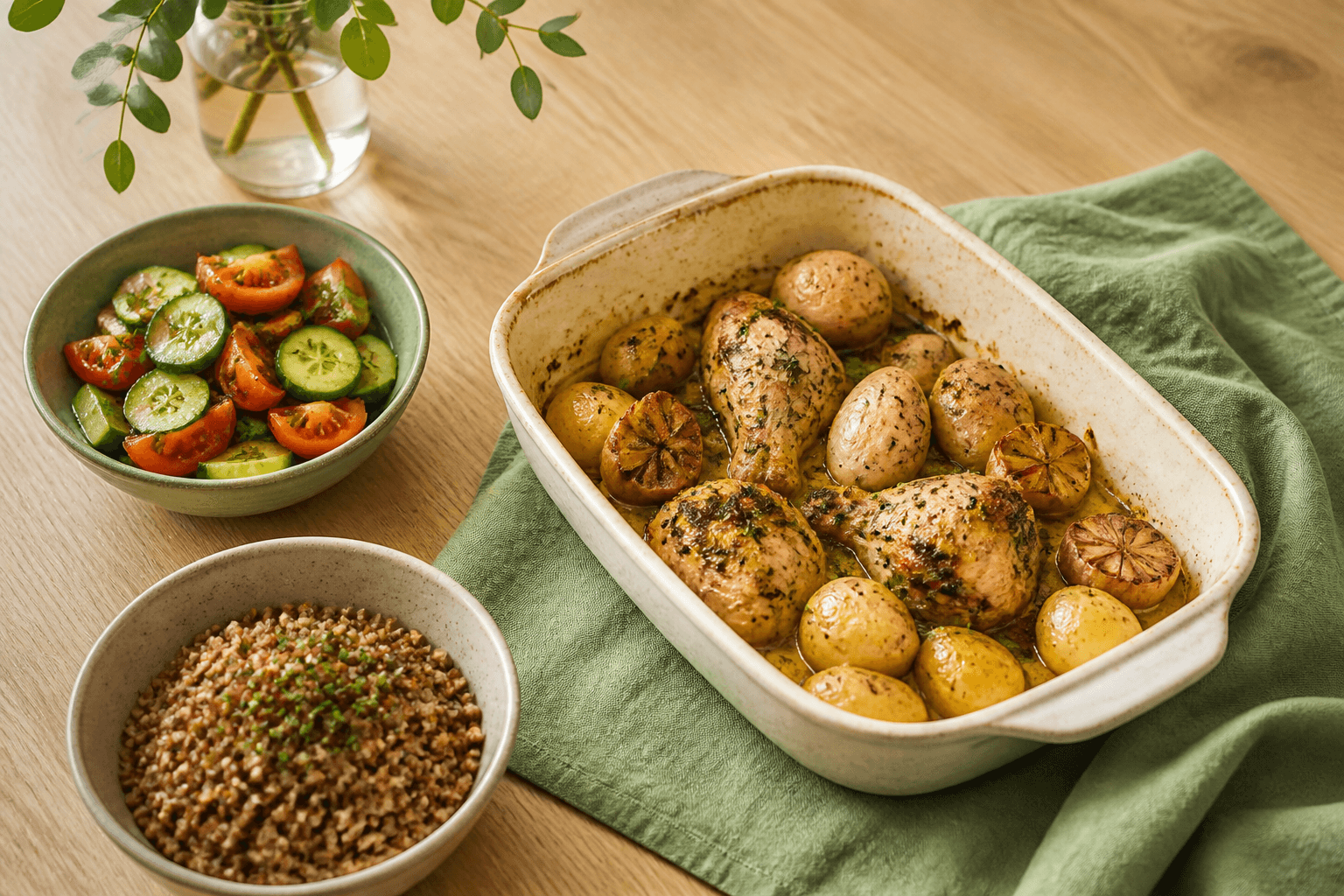 Домашний ужин: курица с картофелем, гречка и овощной салат